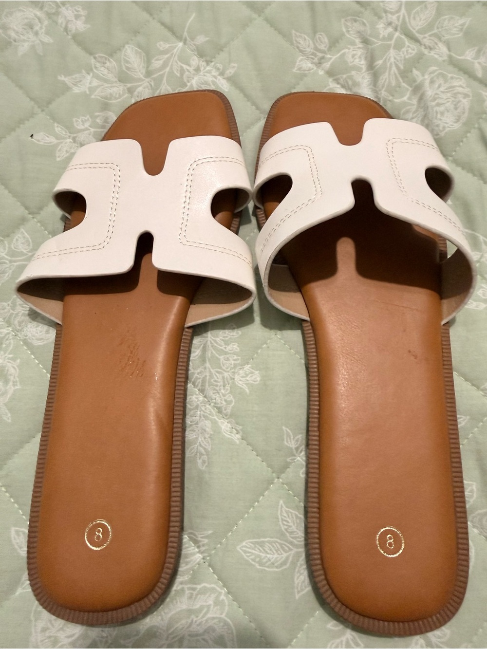 Amazon White Slide Sandals with Tan Footbed. Never worn
